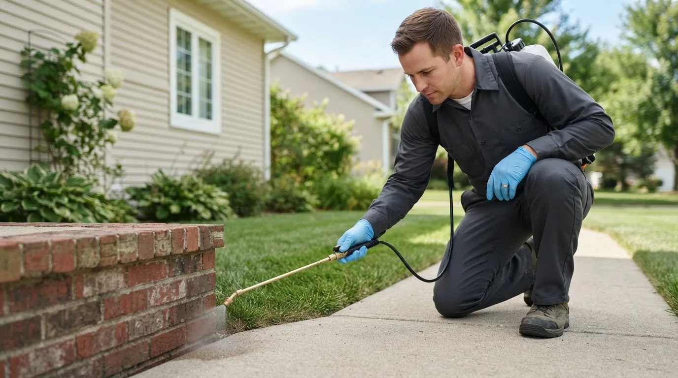 Pest control technician treating a home near Evansville, AR