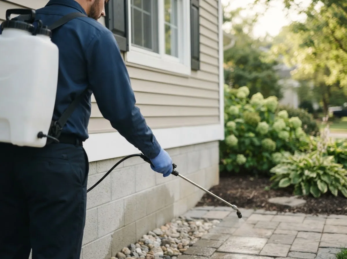Pest control technician inspecting a home in Evansville, AR